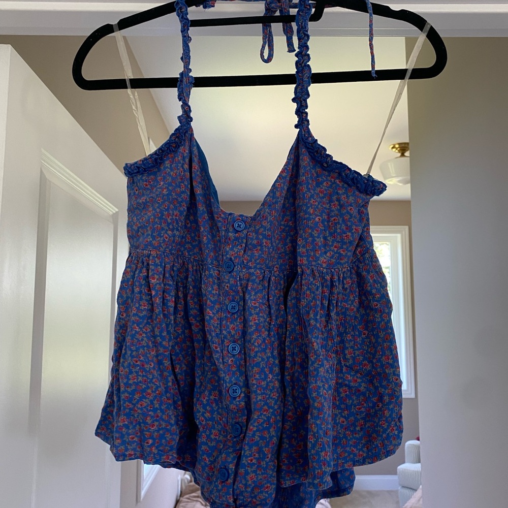 American Eagle Outfitters Blue Floral Button-Front Tank